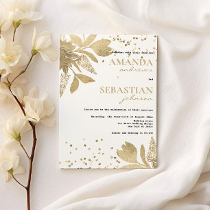Convite Glam white gold typografia confetti floral Casamen
