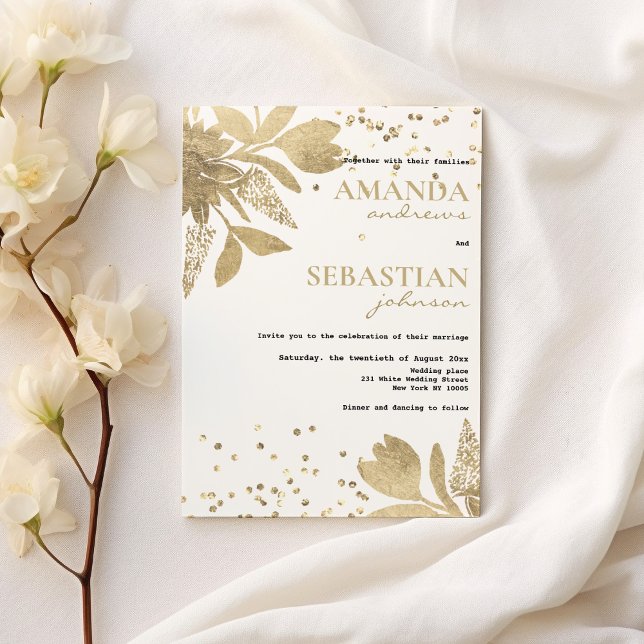 Convite Glam white gold typografia confetti floral Casamen (Glam white gold typography confetti floral Wedding )