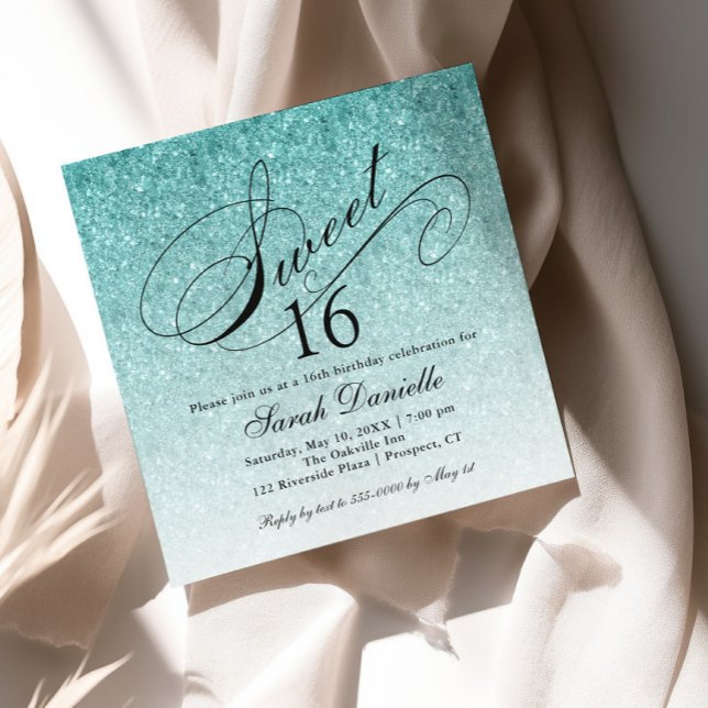 Convite Glama Azul Aqua Brilhante Brilhante Doce 16 Quadra (Criador carregado)