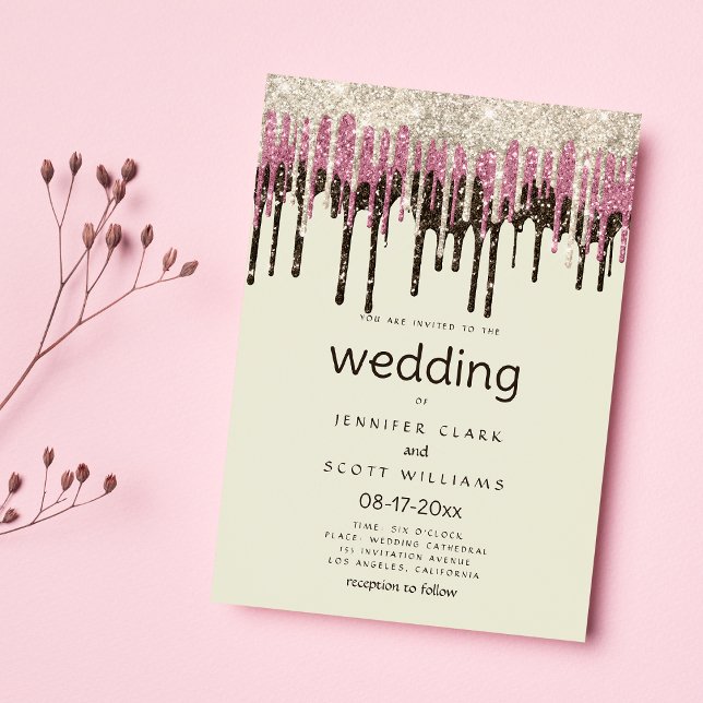 Convite Glama cor-de-rosa preto marfim gota casamento (Ivory black gold pink glam glitter drips wedding)