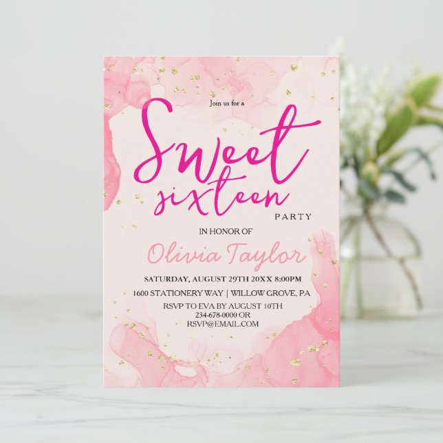 Convite Glama de Aquarela Rosa Moderna Doce Dezesseis (Em pé/Frente)