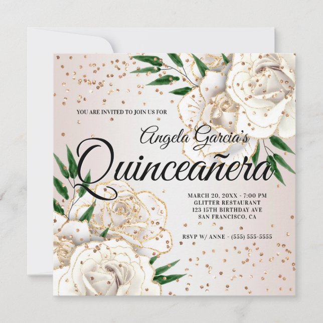 Convite Glama Floral Branco Dourado Glitter Quinceañera (Frente)