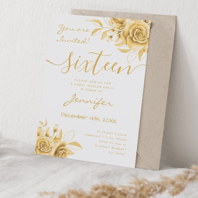 Convite Glama Floral Coquette Dourado Sweet 16 (Coquette Gold Sweet 16 Floral Glam Invitation)