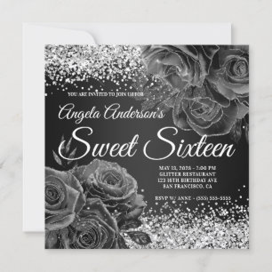 Convite Glama Floral Negro e Silver Doce Dezesseis