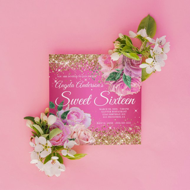Convite Glama Rosa Rosa Rosa, Rosa, Dourada cintilante, do (Create your own Sweet 16 birthday invitation for her.)