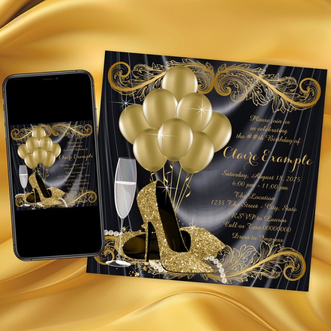 Convite Glamor de Hollywood, Festa de aniversário negra e  (Black gold high heel shoe birthday party invitation with gold shoes, balloons, pearls on satin back.)