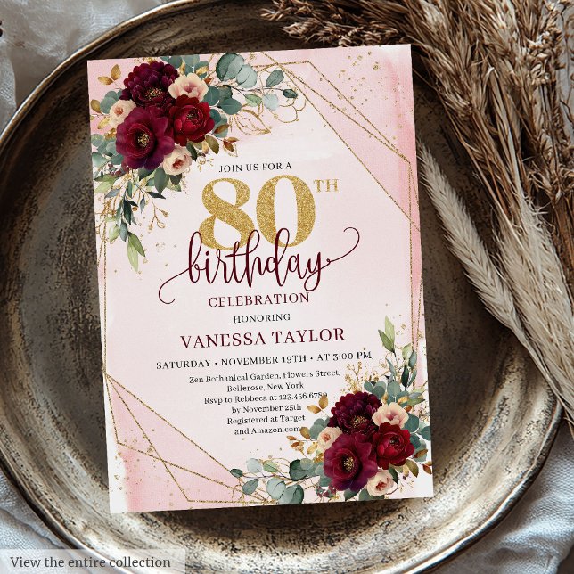 Convite Glamororé Boho Burgundy Rosa 80 Aniversário (Glamorous Boho Burgundy Gold Roses 80th Birthday Invitation)