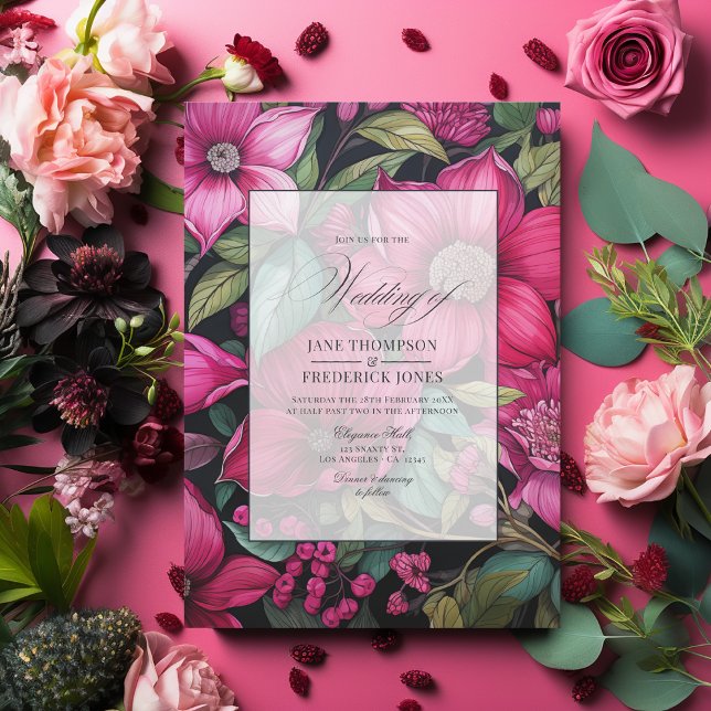 Convite Glamorosa Fuchsia, Emerald Verde e Preto Floral (Glamorous Fuchsia, Emerald Green and Black Floral Wedding Invitation)