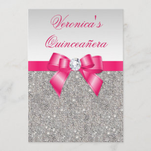 Convite Glamorosa Quinceañera Silver Sequins Hot Pink Arc
