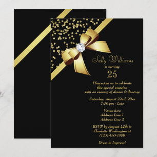 Convite Glamoroso Confete Dourado e Laço de Joia para 25º