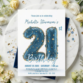 Convite Glamoroso Diamante Azul Dourado 3D Aniversário de