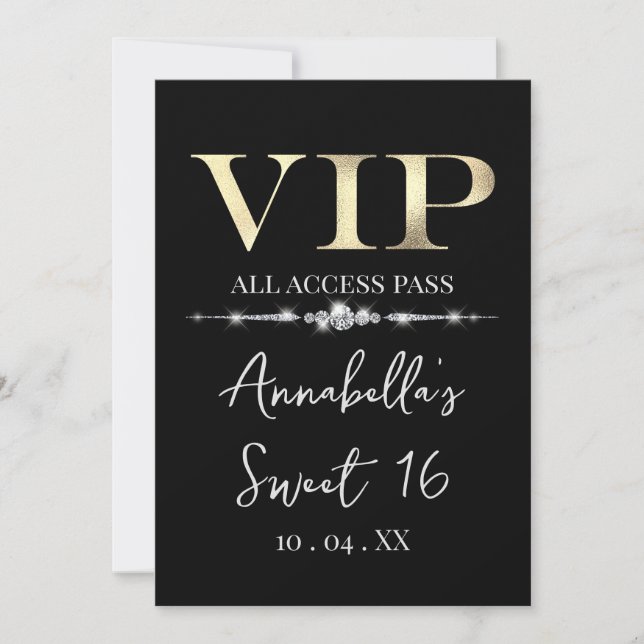 Convite Glamoroso Gold VIP em Preto (Frente)