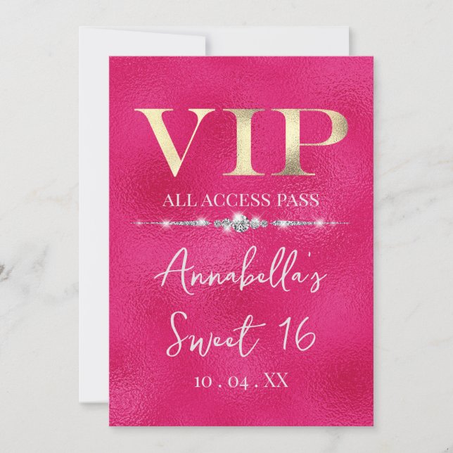 Convite Glamoroso Gold VIP em Rosa Quente (Frente)