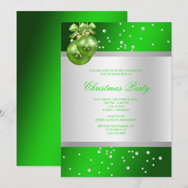Convite Glamoroso Natal com Bolas e Pérolas Verdes (Frente/Verso)