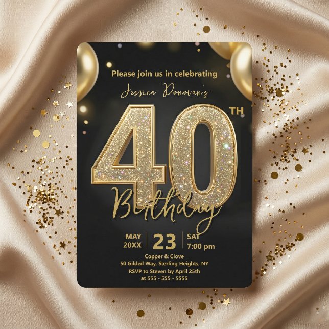 Convite Glamorous Black Gold Glitter 40th Birthday Party (Criador carregado)