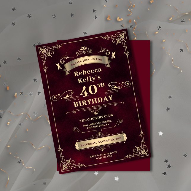 Convite Glamorous Burgundy, Dourada Idade da Pedra, Aniver (Glamorous Burgundy Gold Milestone Age Birthday Invitation)