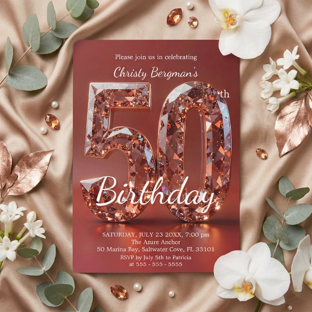 Convite Glamorous Burgundy Red Diamond 50th Birthday (Criador carregado)