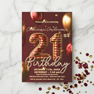 Convite Glamorous Burgundy Red Gold Balloon 21st Birthday