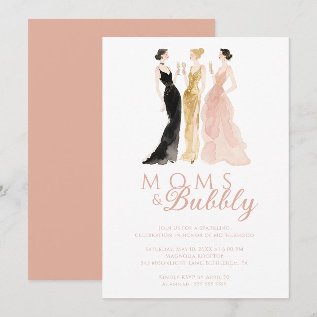 Convite Glamorous Chic Pink Moms & Bubbly Brunch TMF26 (Frente/Verso)