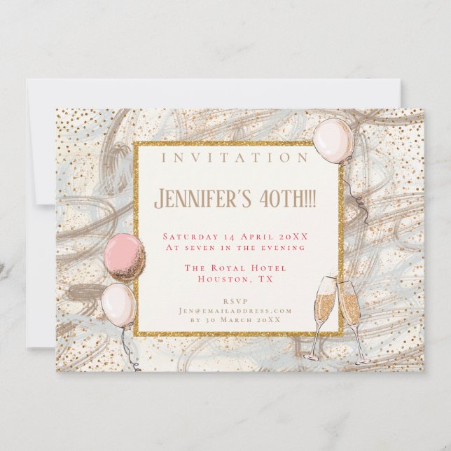Convite Glamorous Confetti Flutes Balloons, Dourada do 40º (Frente)