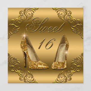 Convite Glamorous Dourada Glitter High Heels Sweet 16