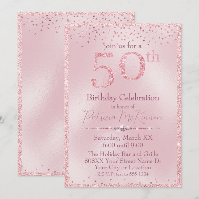 Convite Glamorous Pink Glitter 50th Birthday (Frente/Verso)