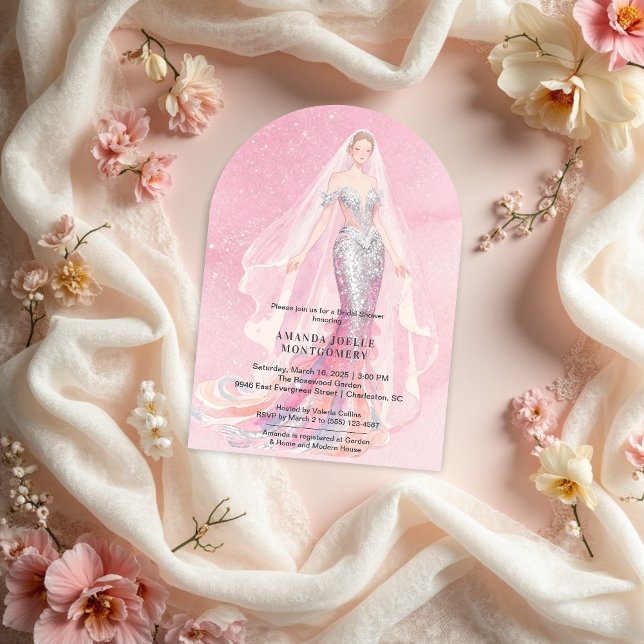 Convite Glamorous Pink Glitter Mermaid Style Bride Dressed (Glamorous Pink Glitter Mermaid Style Bride Dressed Bridal Shower Wedding Invitations Design. )