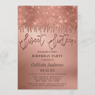 Convite Glamorous Rosa Dourado Glitter Pixels Sweet 16
