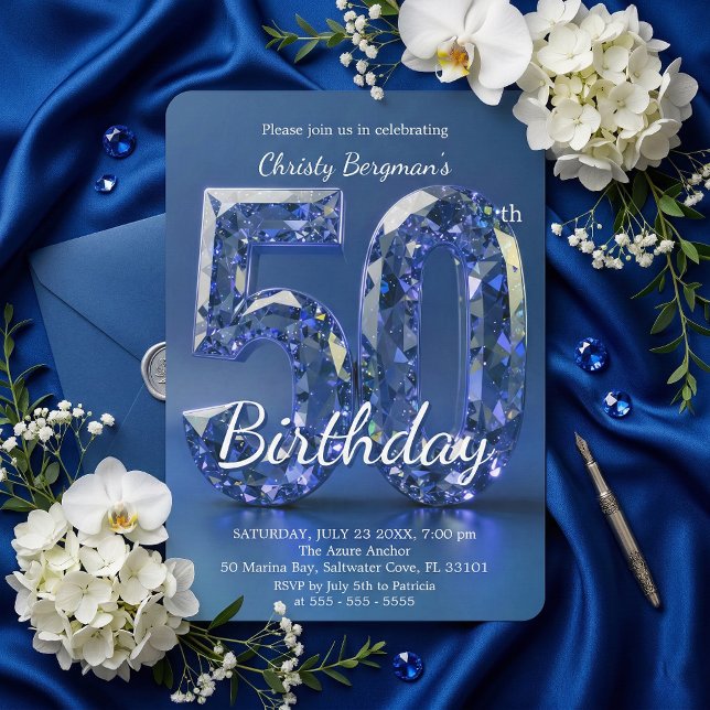 Convite Glamorous Sapphire Blue Diamond 50th Birthday (Criador carregado)