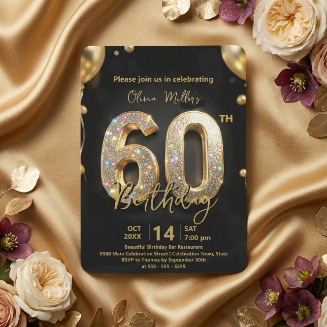 Convite Glamorous Sparkly Black and Gold 60th Birthday (Criador carregado)