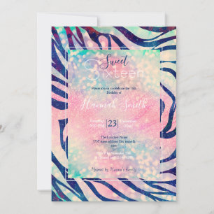 Convite Glamorus Holográfico Blue Zebra Stripes