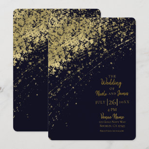 Convite Glamour Azul e Dourado Pintura com respingos Casam