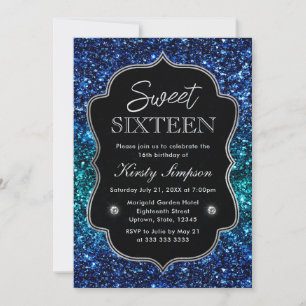 Convite Glamour Brilho Oceano Azul e Turquesa Sweet 16