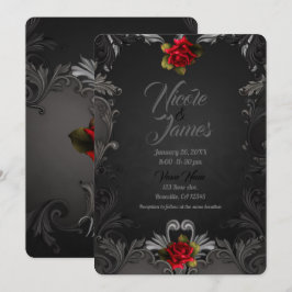 Convite Glamour Gótico Rosa Vermelha Casamento Ornamental 