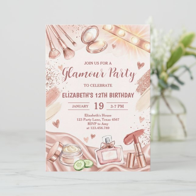 Convite Glamour Party Glitz Glam Spa Girl Makeup Birthday (Em pé/Frente)