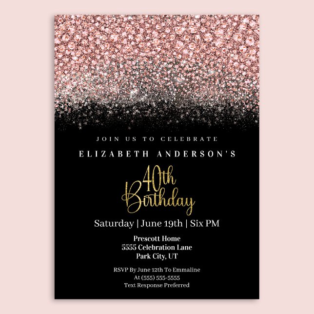 Convite Glamour Pink Jeweled Glitter 40th Birthday (Criador carregado)