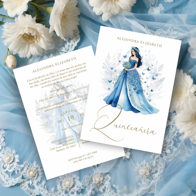 Convite Glamour Romântico em Tons de Azul para Quinceañera (Romantic Glam Spanish Quinceañera Blue Shades Invitation Card.)