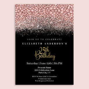 Convite Glamour Rosa Joias Brilho Aniversário de 25 anos