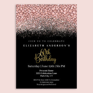Convite Glamour Rosa Joias Brilho Aniversário de 60 anos