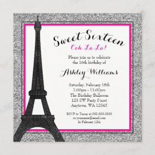 Convite Glamour Rosa Quente Tema Paris Faux Brilho Sweet 1