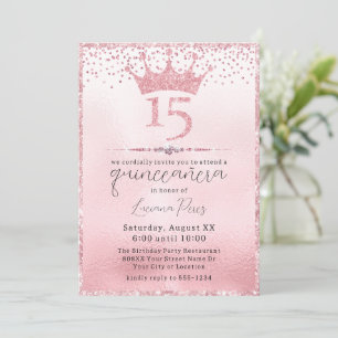 Convite Glamourosa Tiara de Brilho Rosa Quinceañera Aniver