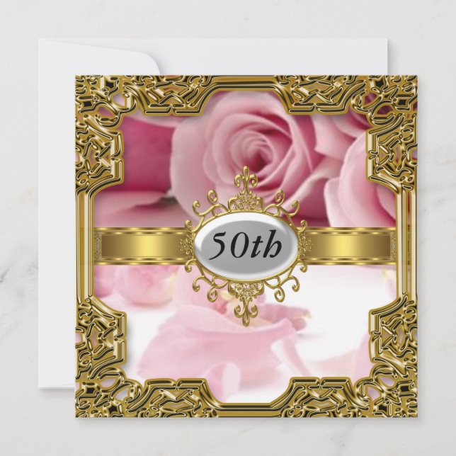 Convite Glamouroso de Aniversário com Rosa Rosa Qu (Frente)