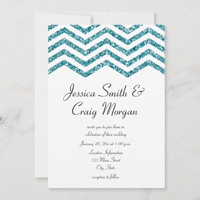 Convite Glamouroso Falso Glitter Chevron Azul Casamento (Frente)