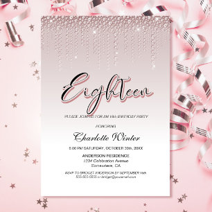 Convite Glamouroso Rosa Poeirento Diamantes 18º Aniversári