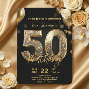 Convite Glamuroso Brilhante Preto e Dourado 50º Aniversári