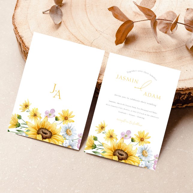 Convite Glândulas Amarelas Monograma Casamento Floral (Summer Yellow Sunflowers Monogram Floral Wedding Invitation)
