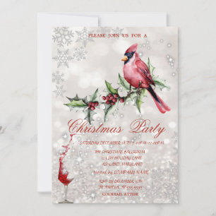 Convite Glass Red Cardinal Holly Berry Bokeh Natal