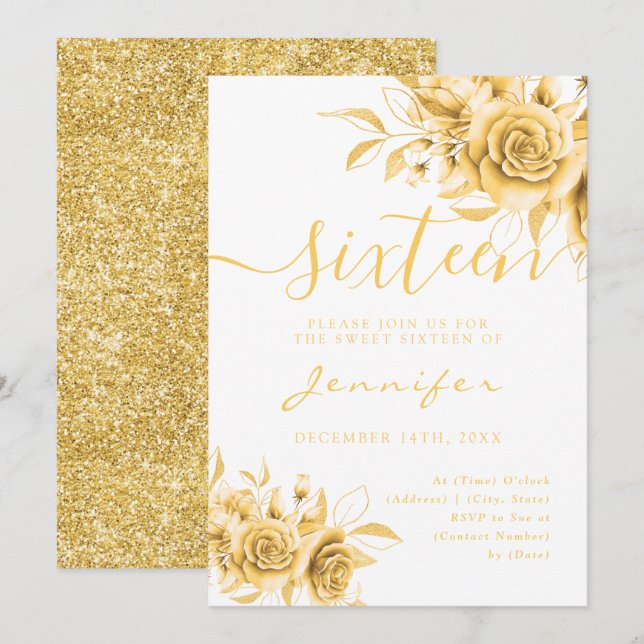 Convite Glicma Chic Dourado Sweet 16 Glitter Floral (Frente/Verso)