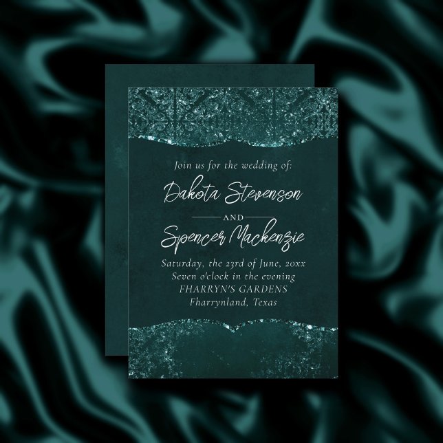 Convite Glimmery Teal Grunge | Rich Dark Green Glam Damask (Criador carregado)