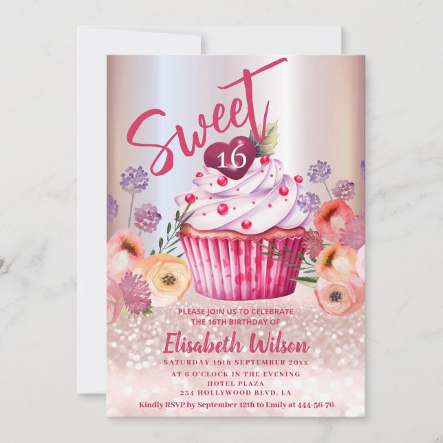 Convite Gliteria de ouro com Rosa floral Boho Girly cupcak (Frente)